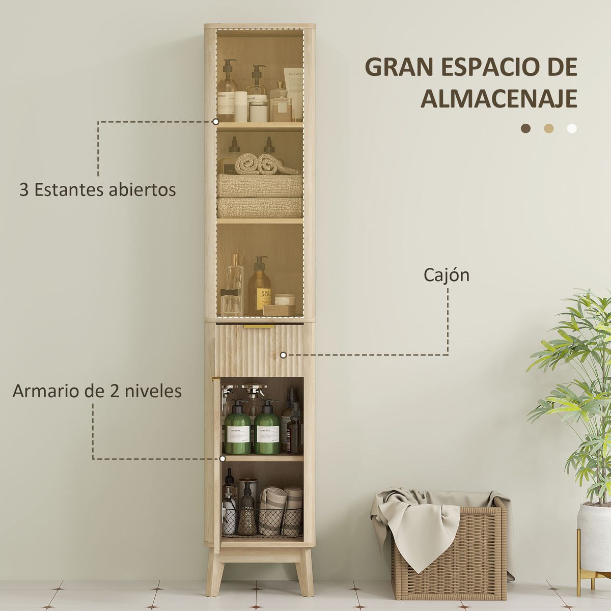 Columna-de-baño-Shine-Homcom-2-estantes-con-cajon-y-armario-natural-170x33x30-cm