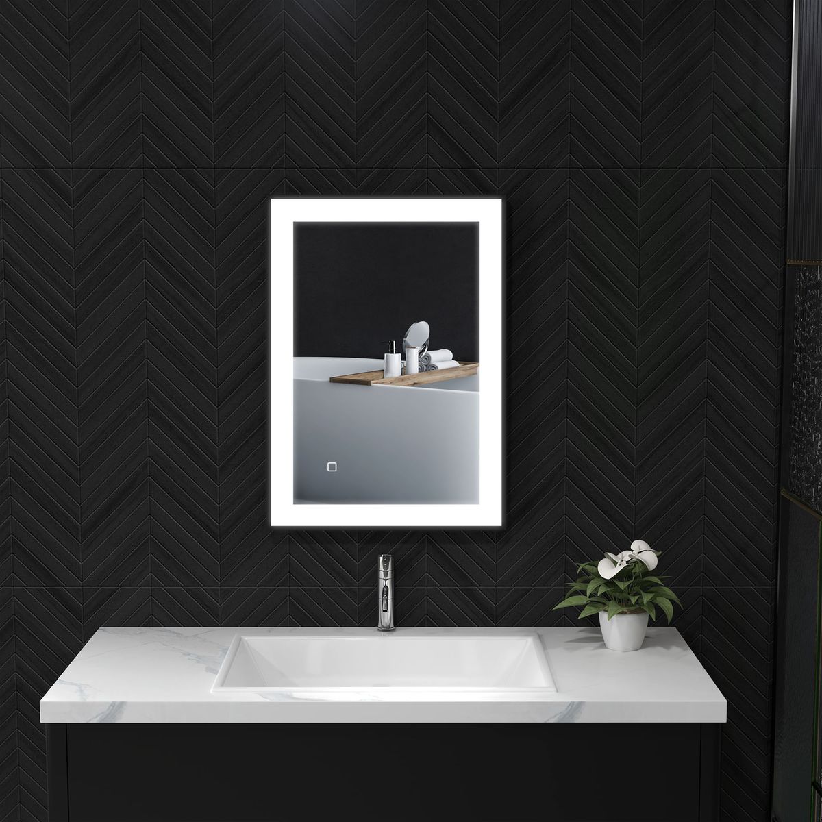 Espejo-Honda-Homcom-antivaho-con-luz-LED-negro-50x70x3-cm-ambientada