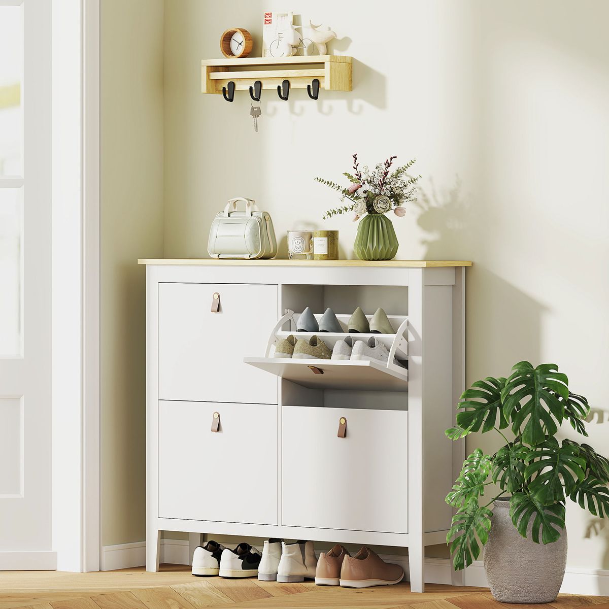 Zapatero-Colibri-Homcom-3-puertas-abatibles-blanco-natural-131x80x24-cm-ambientada-interior