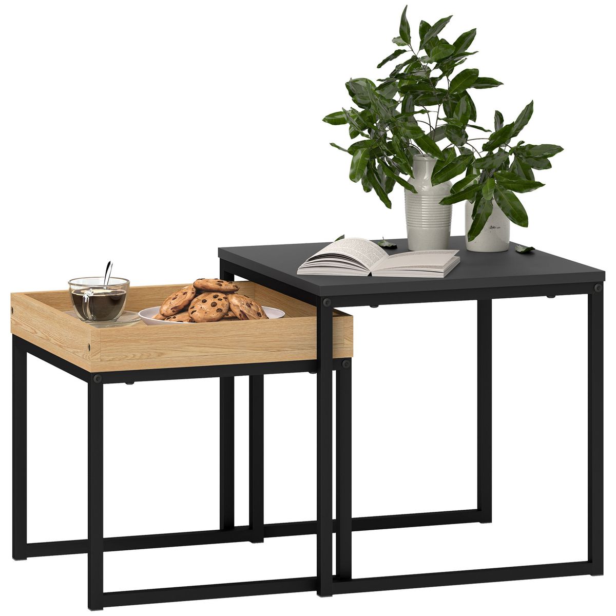 Set-de-2-mesas-nido-Cassy-Homcom-negro-natural-fondo-blanco