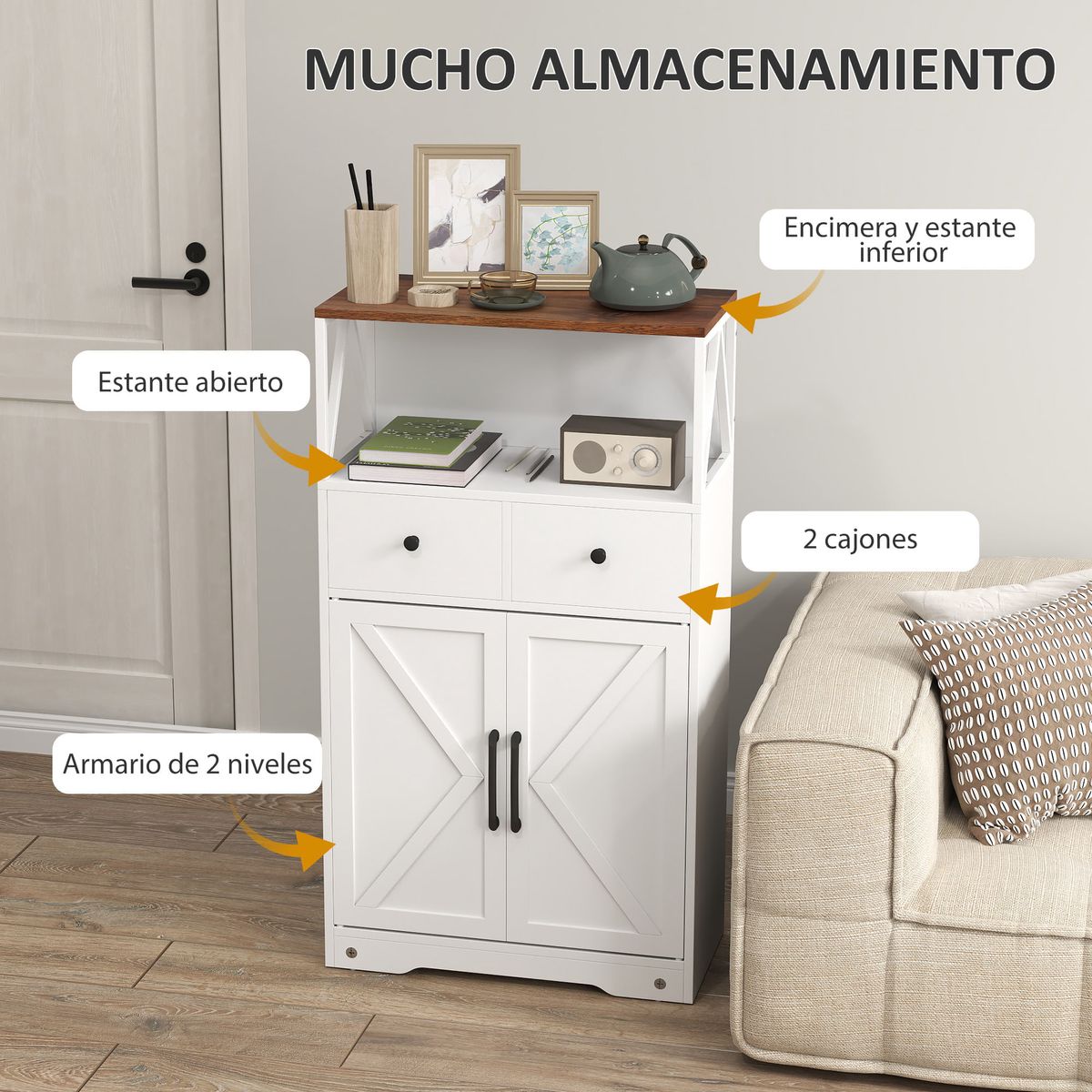 Aparador-Barnet-Homcom-2-cajones---4-estantes-blanco-108x60x31cm