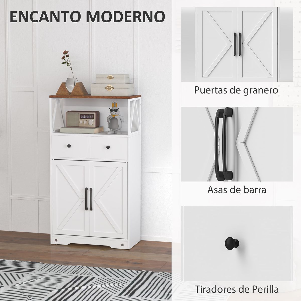 Aparador-Barnet-Homcom-2-cajones---4-estantes-blanco-108x60x31cm