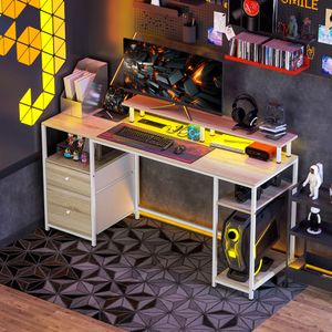 Escritorio Rivera Homcom luz LED con soporte y 2 cajones natural 88,5x55,5x48 cm