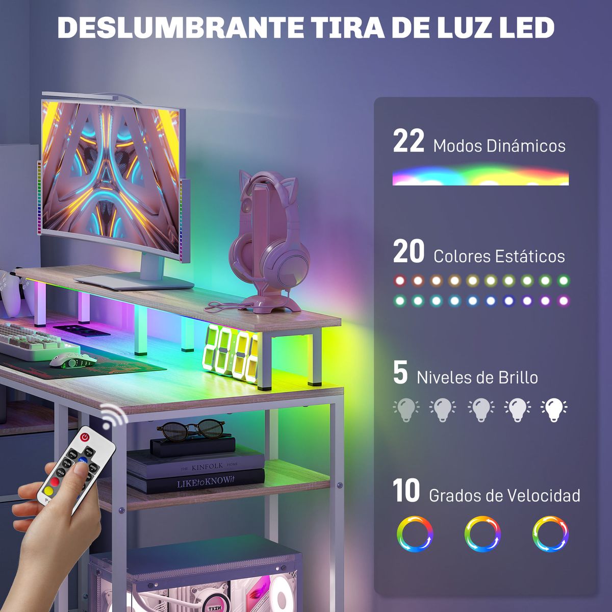 Escritorio-Rivera-Homcom-luz-LED---soporte-elevado---estantes---2-cajones-natural-885x555x48-cm