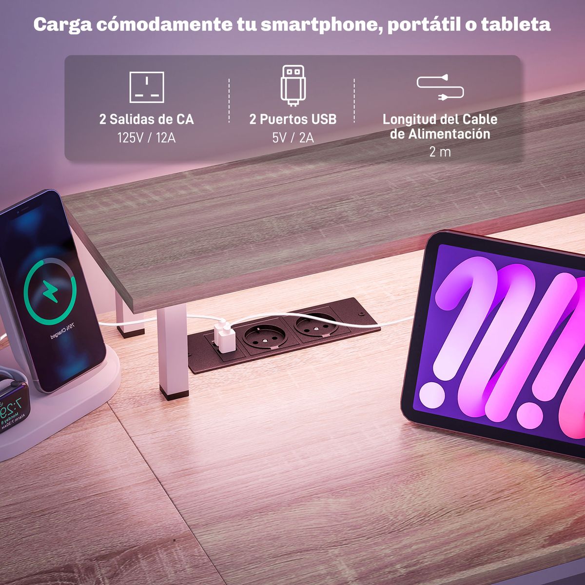 Escritorio-Rivera-Homcom-luz-LED---soporte-elevado---estantes---2-cajones-natural-885x555x48-cm