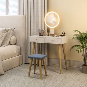 Tocador Chloe Homcom espejo LED + 2 cajones + taburete blanco 133x80x43 cm