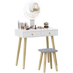 Tocador Chloe Homcom espejo LED + 2 cajones + taburete blanco 133x80x43 cm