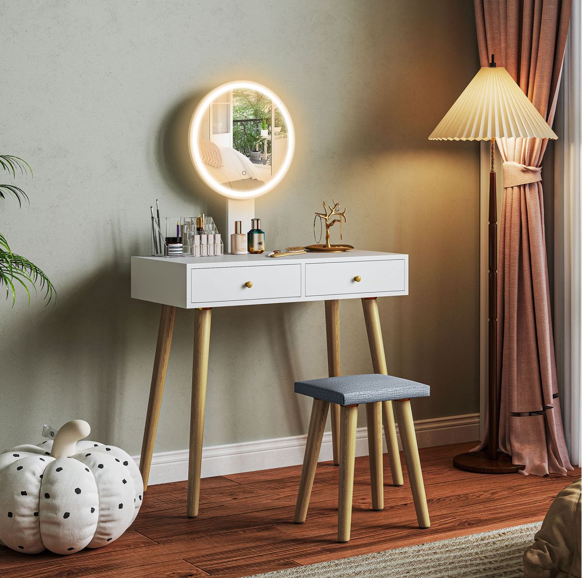 Tocador-Chloe-Homcom-espejo-LED---2-cajones---taburete-blanco-133x80x43-cm