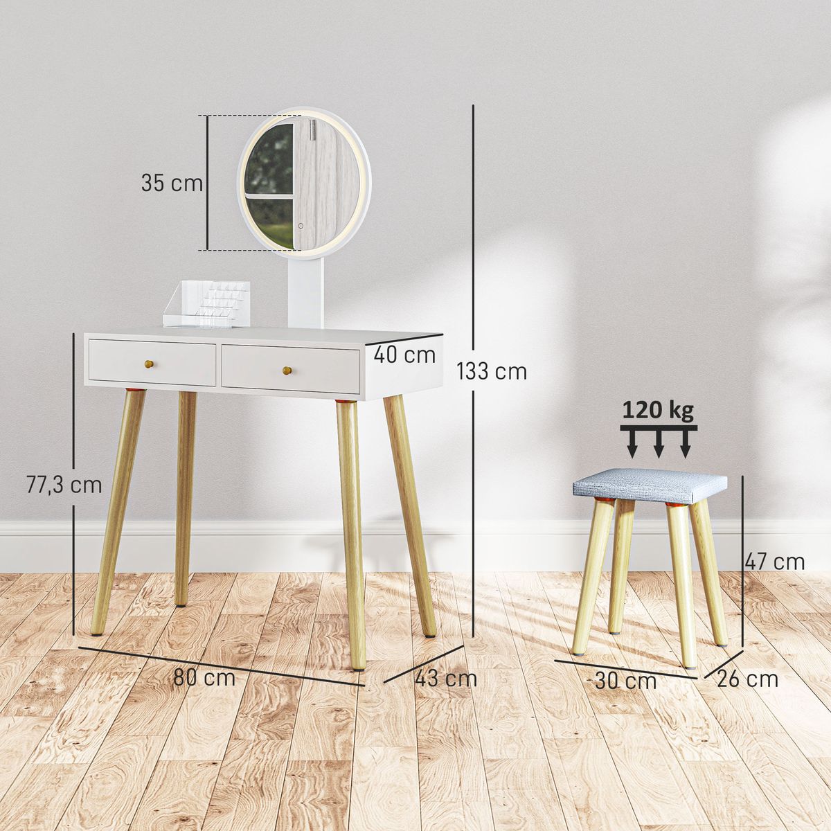 Tocador-Chloe-Homcom-espejo-LED---2-cajones---taburete-blanco-133x80x43-cm