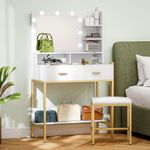 Tocador-Aura-Homcom-2-cajones---espejo-LED---taburete-blanco-dorado-
