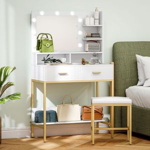 Tocador Aura Homcom 2 cajones + espejo LED + taburete blanco/dorado