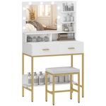 Tocador-Aura-Homcom-2-cajones---espejo-LED---taburete-blanco-dorado-