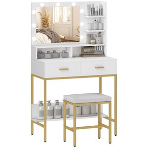 Tocador Aura Homcom 2 cajones + espejo LED + taburete blanco/dorado