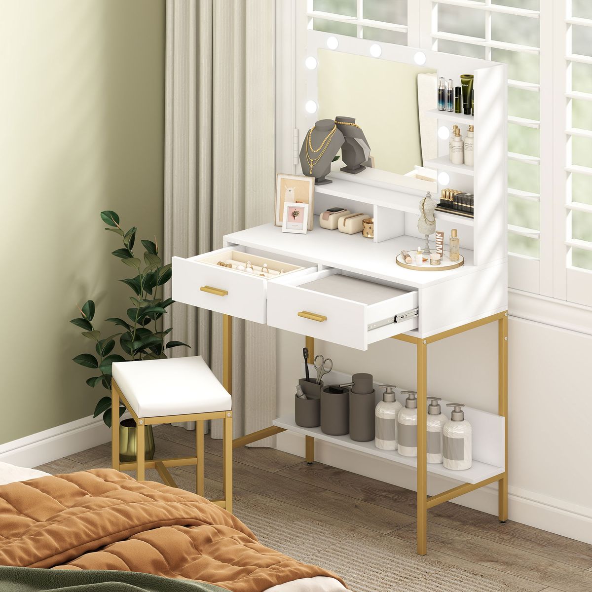 Tocador-Aura-Homcom-2-cajones---espejo-LED---taburete-blanco-dorado-