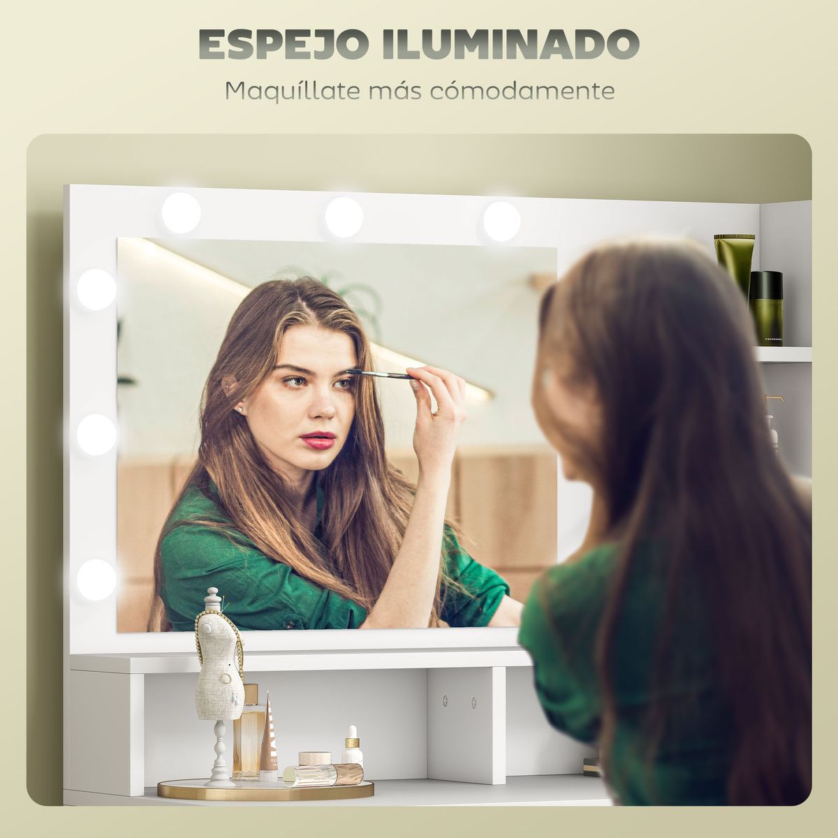 Tocador-Aura-Homcom-2-cajones---espejo-LED---taburete-blanco-dorado-
