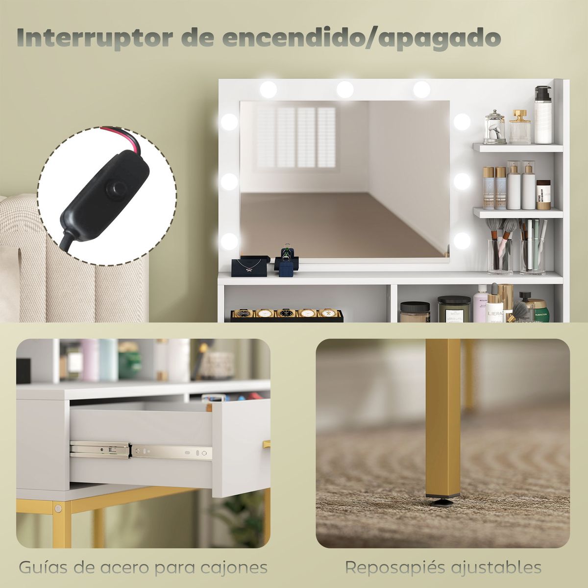 Tocador-Aura-Homcom-2-cajones---espejo-LED---taburete-blanco-dorado-