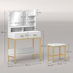 Tocador-Aura-Homcom-2-cajones---espejo-LED---taburete-blanco-dorado-