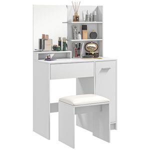 Tocador Nawa Homcom espejo + 3 estantes+ 1 cajón + 1 armario blanco 132x80x40 cm