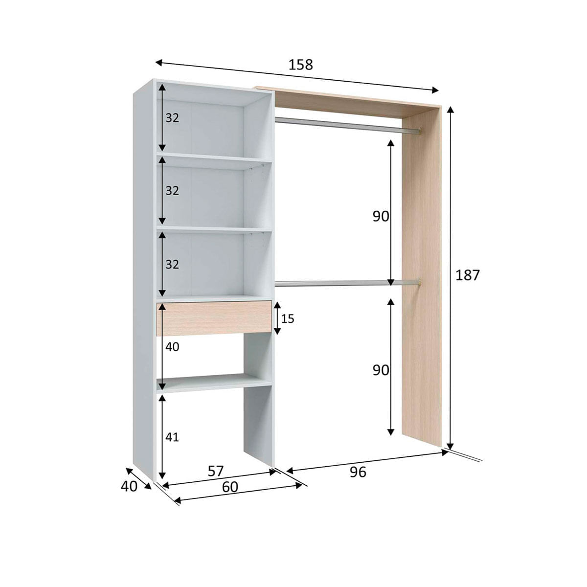 Vestidor-Hera-2-barras---4-estantes---cajon-roble-blanco-187x158x40-cm