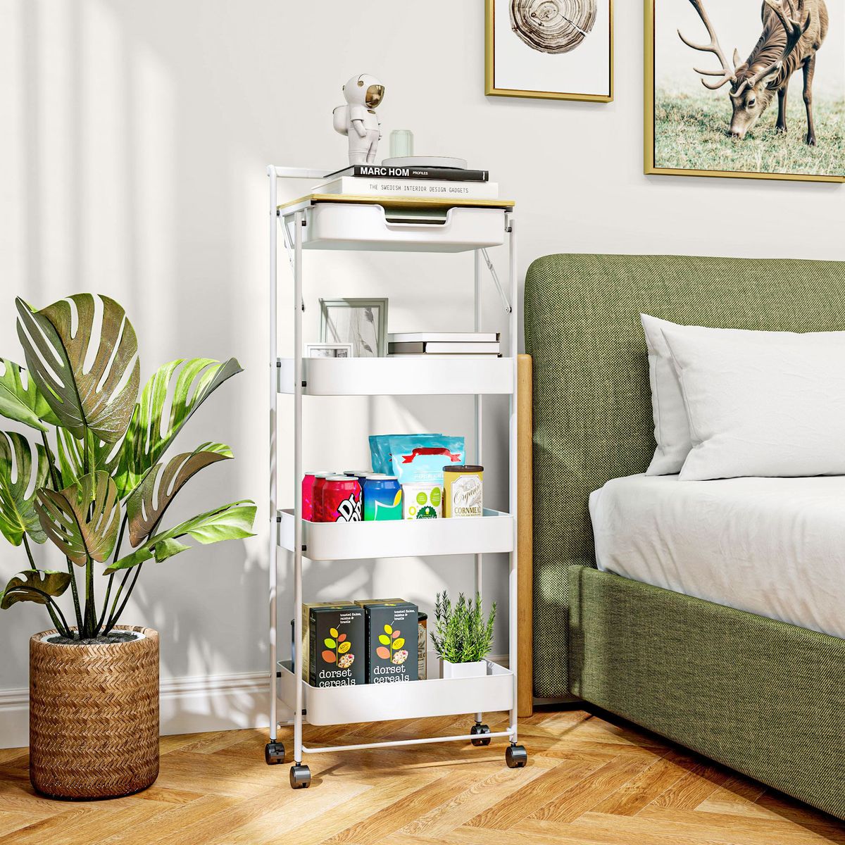 Carrito-auxiliar-Thila-Homcom-ambientada-dormitorio