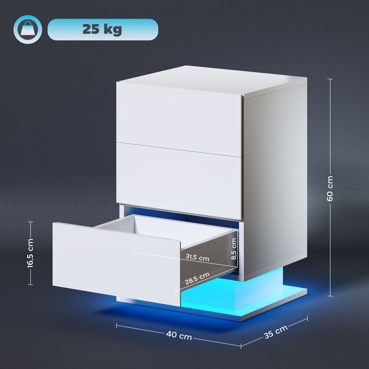 Mesita-de-noche-Aura-Homcom-luz-LED---3-cajones-blanco-60x40x35-cm