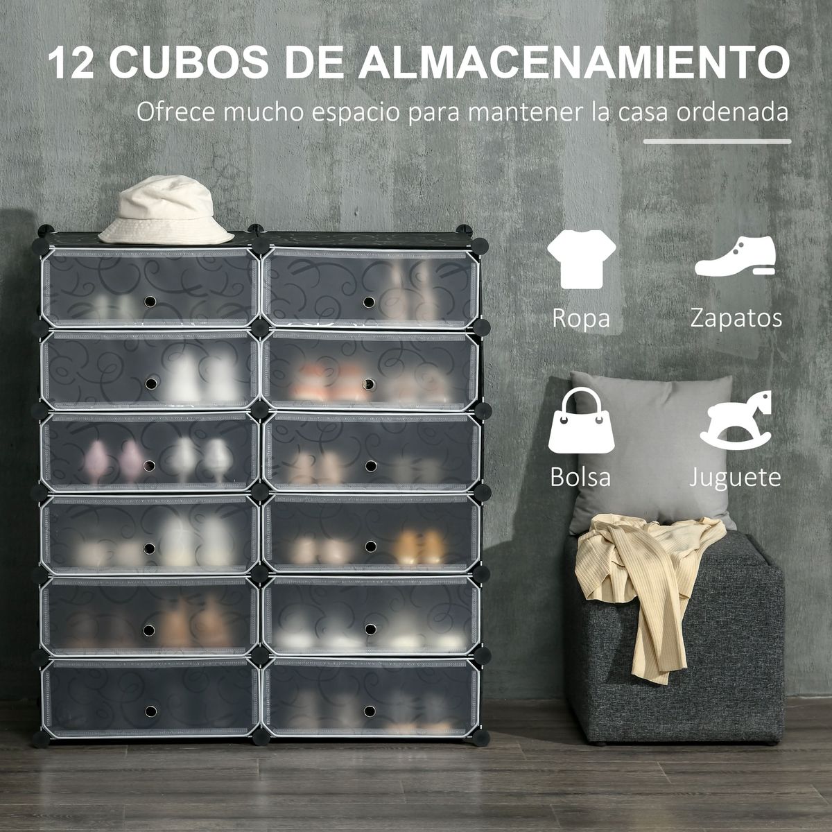 Organizador-modular-Genova-Homcom-12-cubos-personalizable-blanco-negro-108x94x37-cm-