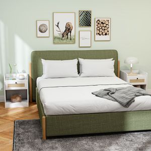 Pack de 2 mesitas de noche Boho Homcom cajón con frontal de ratán blanco 53x40x40 cm