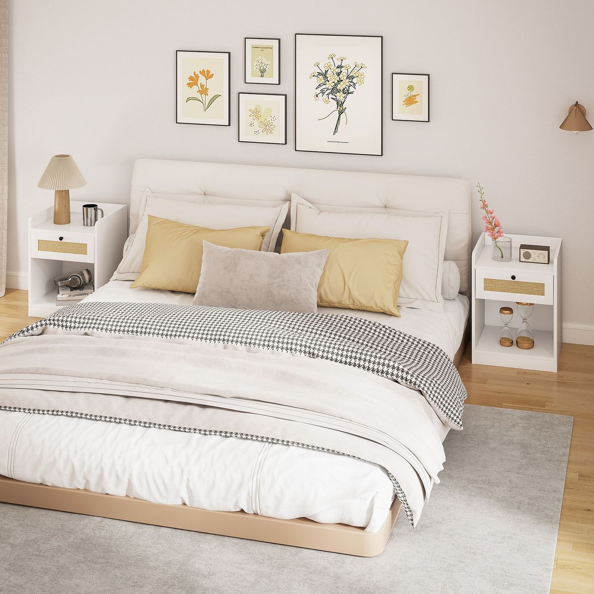 Pack-de-2-mesitas-de-noche-Boho-Homcom-cajon-con-frontal-de-ratan-blanco-53x40x40-cm