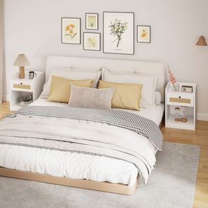 Pack de 2 mesitas de noche Boho Homcom cajón con frontal de ratán blanco 53x40x40 cm