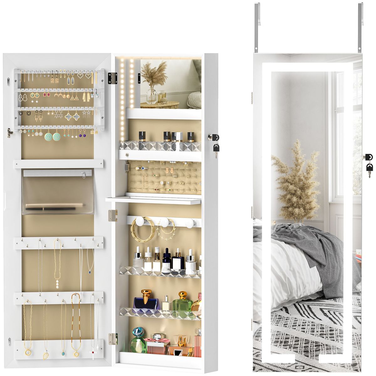 Espejo-de-pared-Selene-Homcom-joyero---luz-LED-blanco-118x44x16-cm