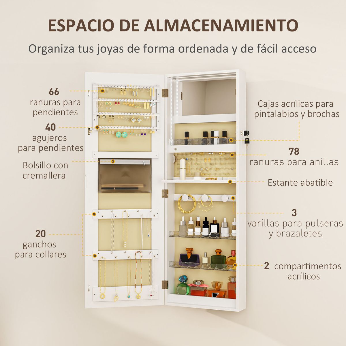 Espejo-de-pared-Selene-Homcom-joyero---luz-LED-blanco-118x44x16-cm