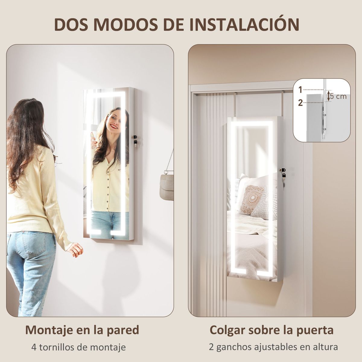 Espejo-de-pared-Selene-Homcom-joyero---luz-LED-blanco-118x44x16-cm