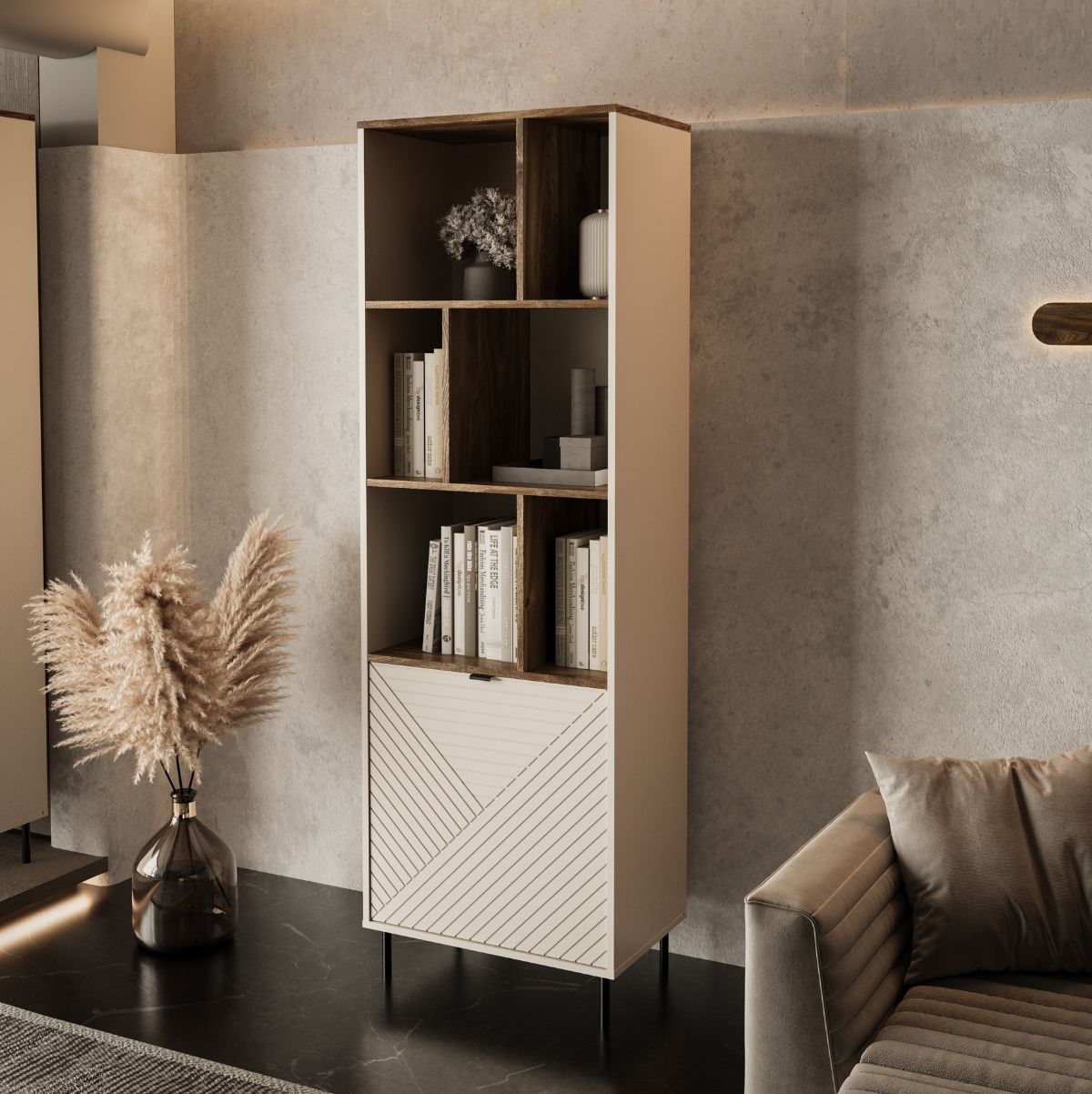 Estanteria-Mirage-con-puerta-y-6-compartimentos-beige-roble-194x63x40-cm-ambientada