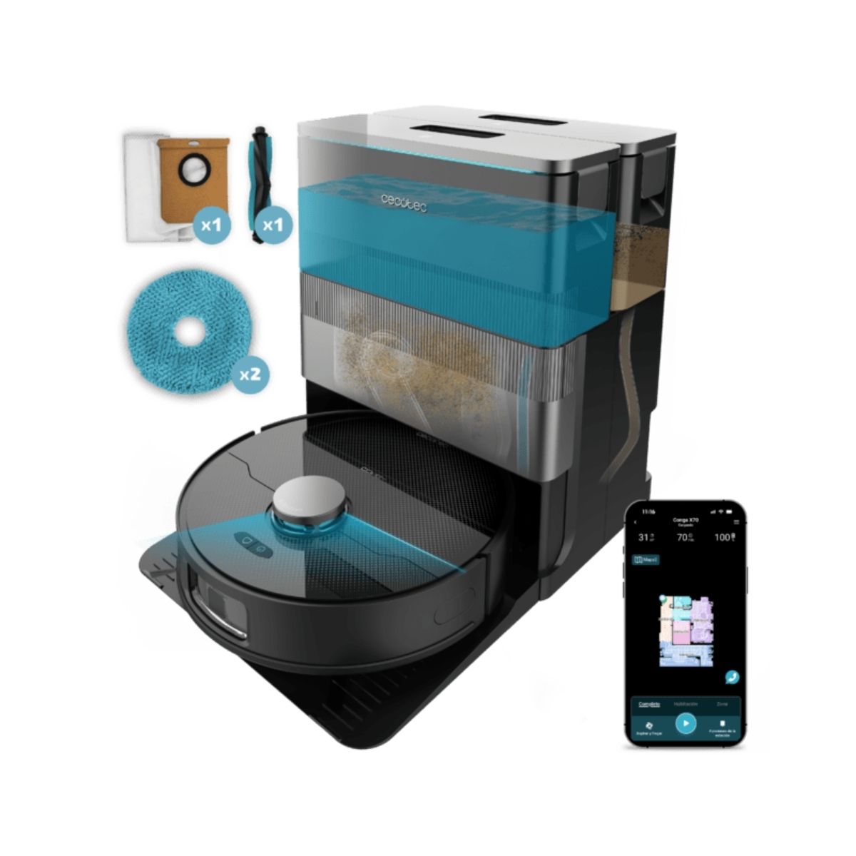 Robot-aspirador-Cecotec-Conga-X70-15000Pa-4-en-1-base-autovaciado-WiFi-negro-accesorios