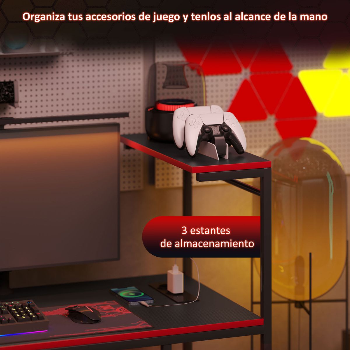 Escritorio-Plus-Homcom-3-estantes---estacion-de-carga---luz-LED-negro-rojo-113x110x50-cm-