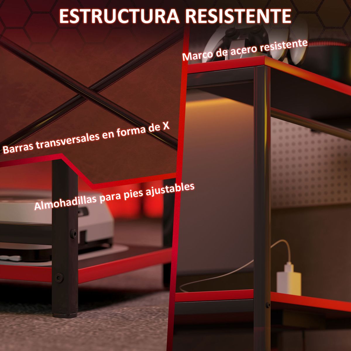 Escritorio-Plus-Homcom-3-estantes---estacion-de-carga---luz-LED-negro-rojo-113x110x50-cm-