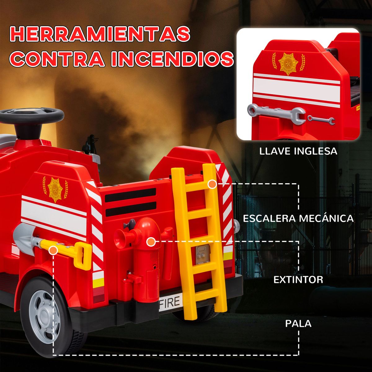 Coche-electrico-infantil-Camion-de-bomberos-Aiyaplay-12V--3A-sirena---accesorios-rojo-52x86x49-cm-