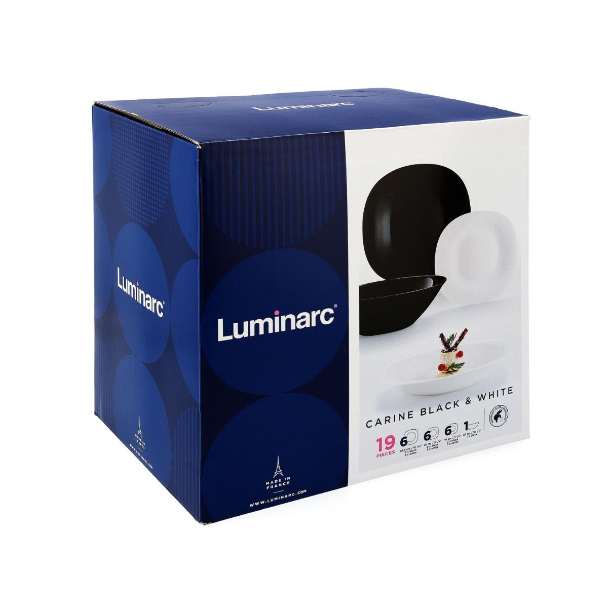 Vajilla-Carine-N-B-Luminarc-19-piezas-6-servicios-vidrio-opal-blanco-negro-caja