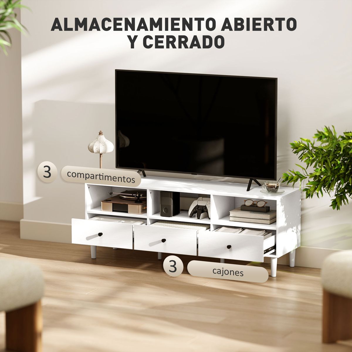 Mueble-TV-Alaska-Homcom-3-cajones---3-compartimentos-blanco-45x120x34-cm-