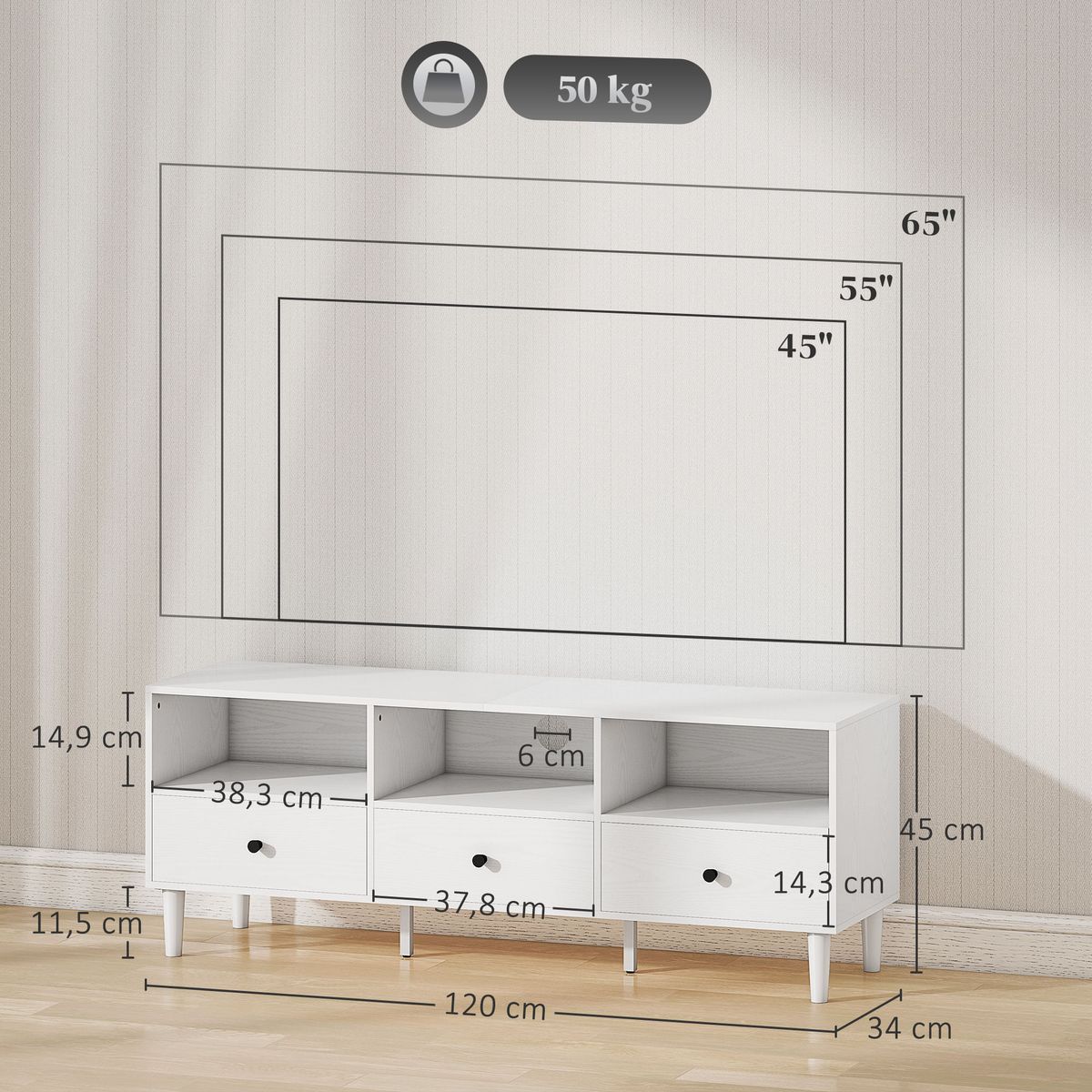 Mueble-TV-Alaska-Homcom-3-cajones---3-compartimentos-blanco-45x120x34-cm-