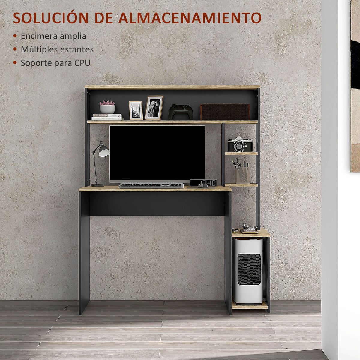 Escritorio-Oslo-Homcom-5-estantes---soporte-cpu-negro-138x114x45-cm