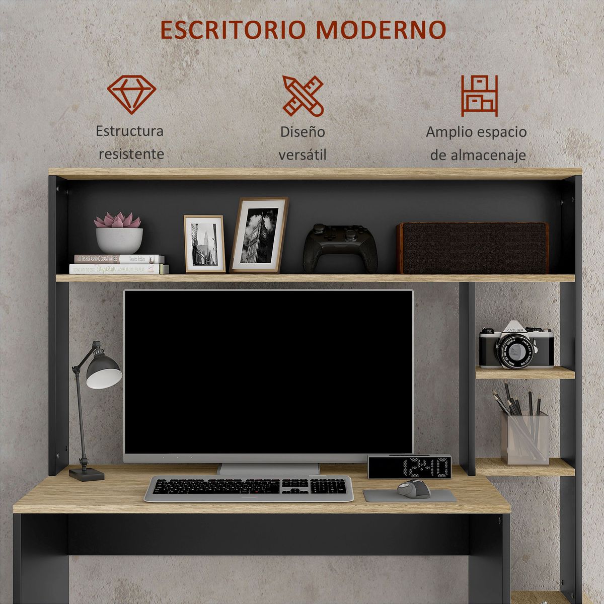 Escritorio-Oslo-Homcom-5-estantes---soporte-cpu-negro-138x114x45-cm