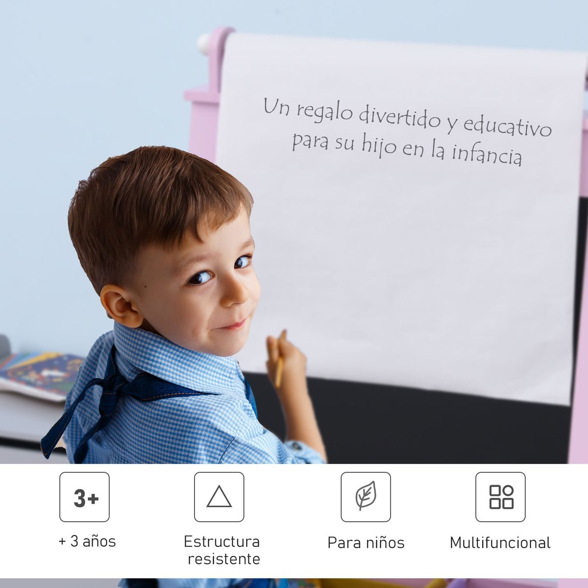 Pizarra-infantil-Homcom-3-en-1---cestas-rosa-118x585x505-cm-