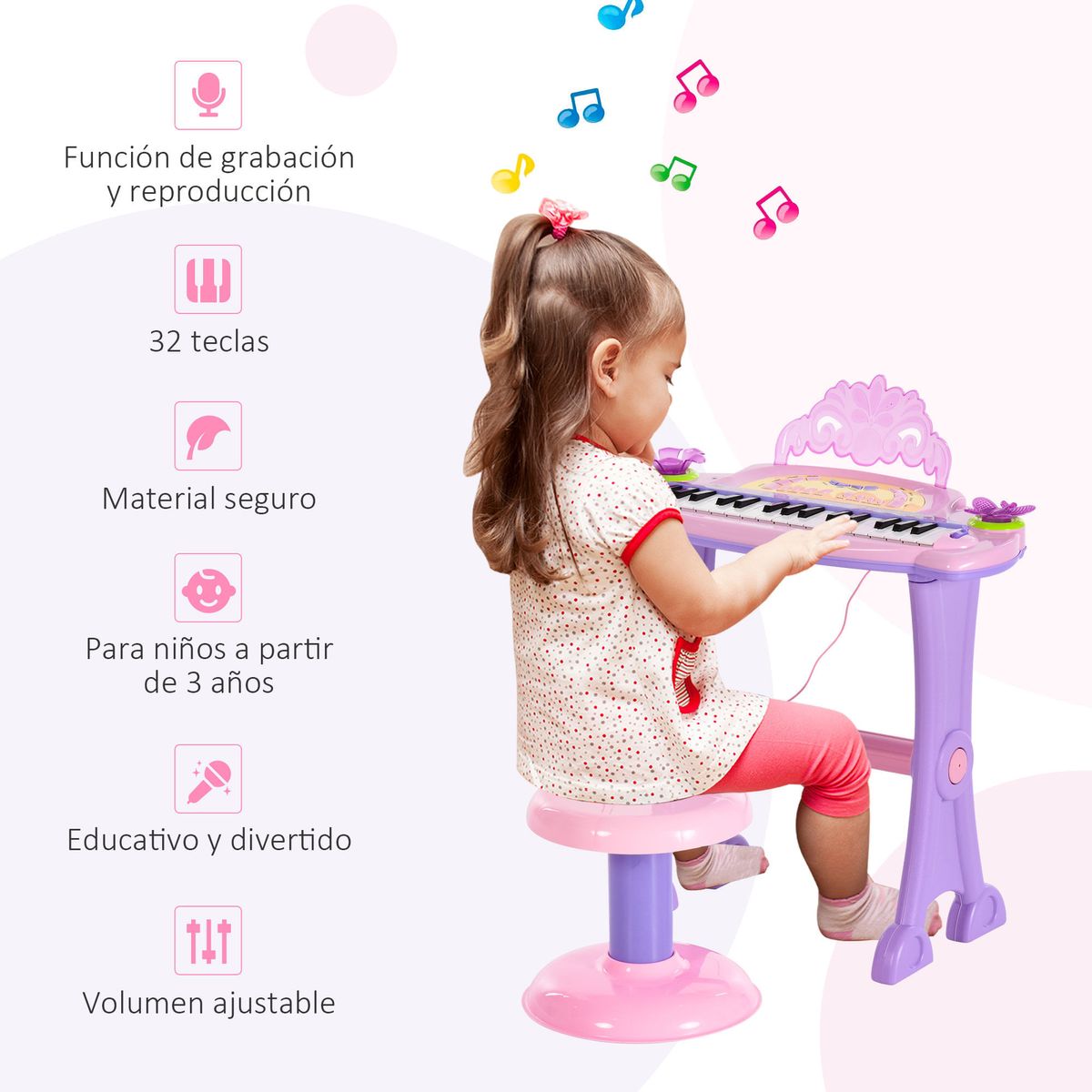 Piano-infantil-Star-Homcom-asiento---microfono-rosa-55x45x21-cm-