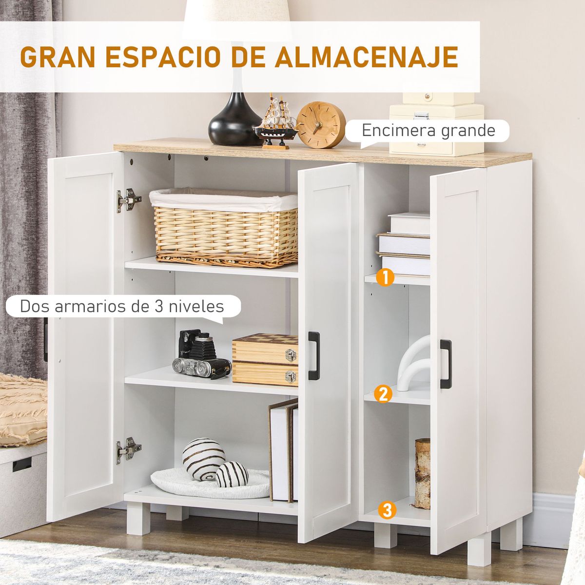 Aparador-Galatea-Homcom-3-puertas---estantes-ajustables-blanco-90x90x30-cm-