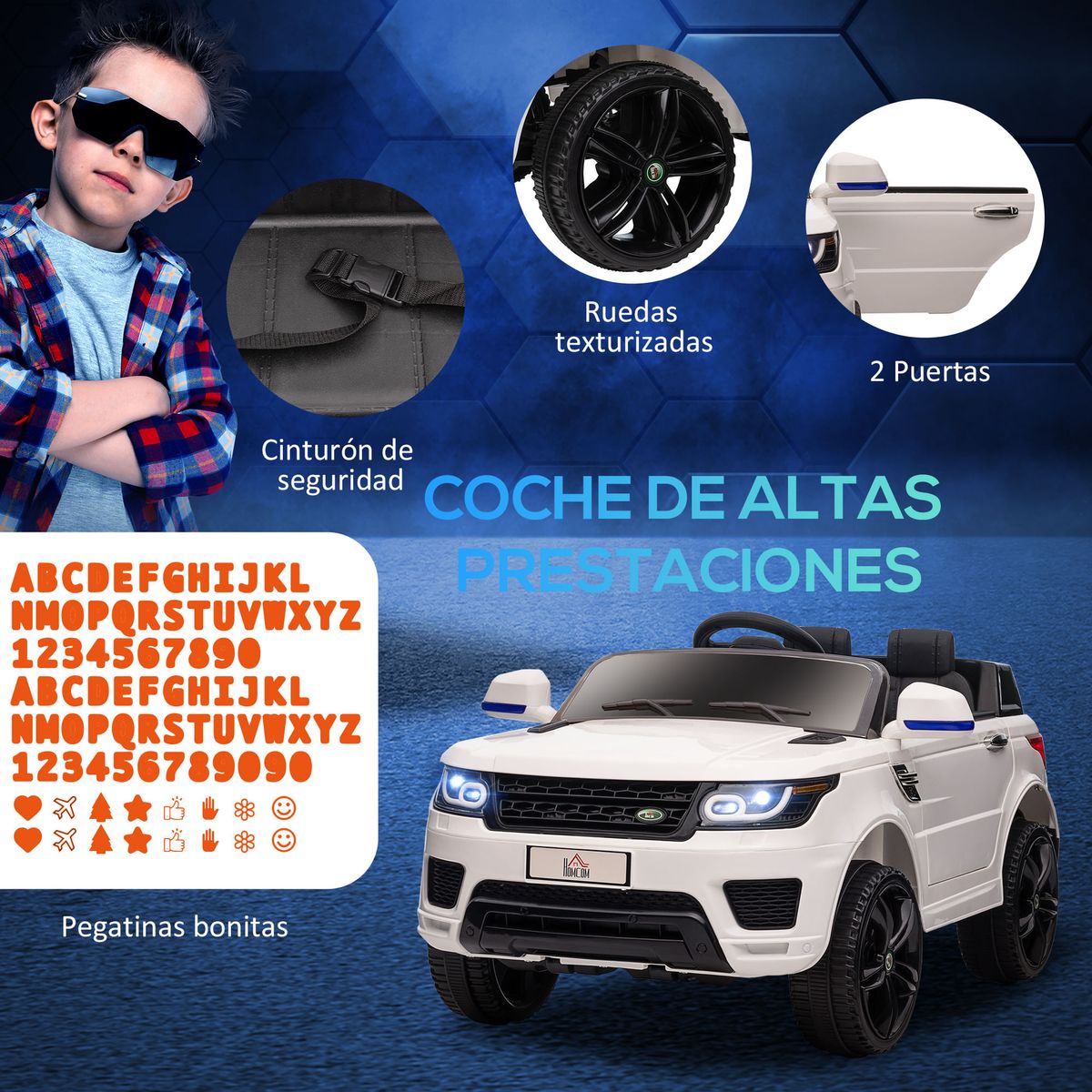 Coche-electrico-infantil-Premium-Homcom-control-remoto---bluetooth---luces-led-blanco-52x68x110-cm