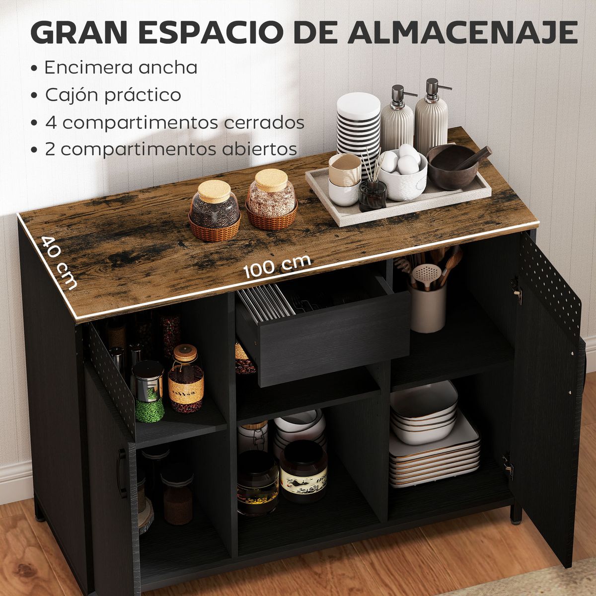 Aparador-Valeria-Homcom-2-puertas---2-compartimentos-abiertos---1-cajon-80x100x40-cm-