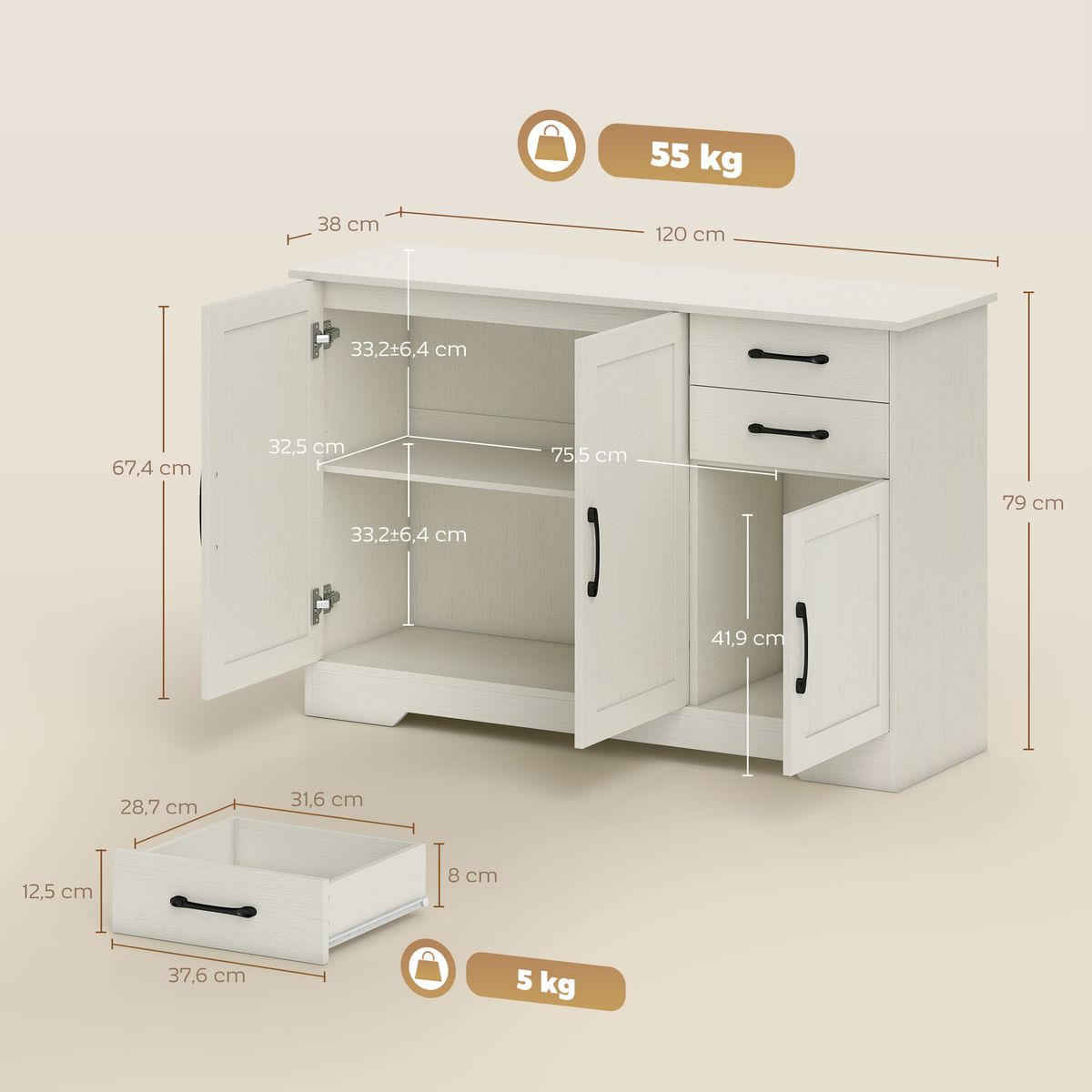 Aparador-Luna-Homcom-3-puertas---2-cajones-crema-79x120x38-cm-