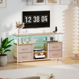 Mueble de TV Olvian Homcom 4 cajones con luz LED y puertos USB beige/blanco 67,5x120x30 cm