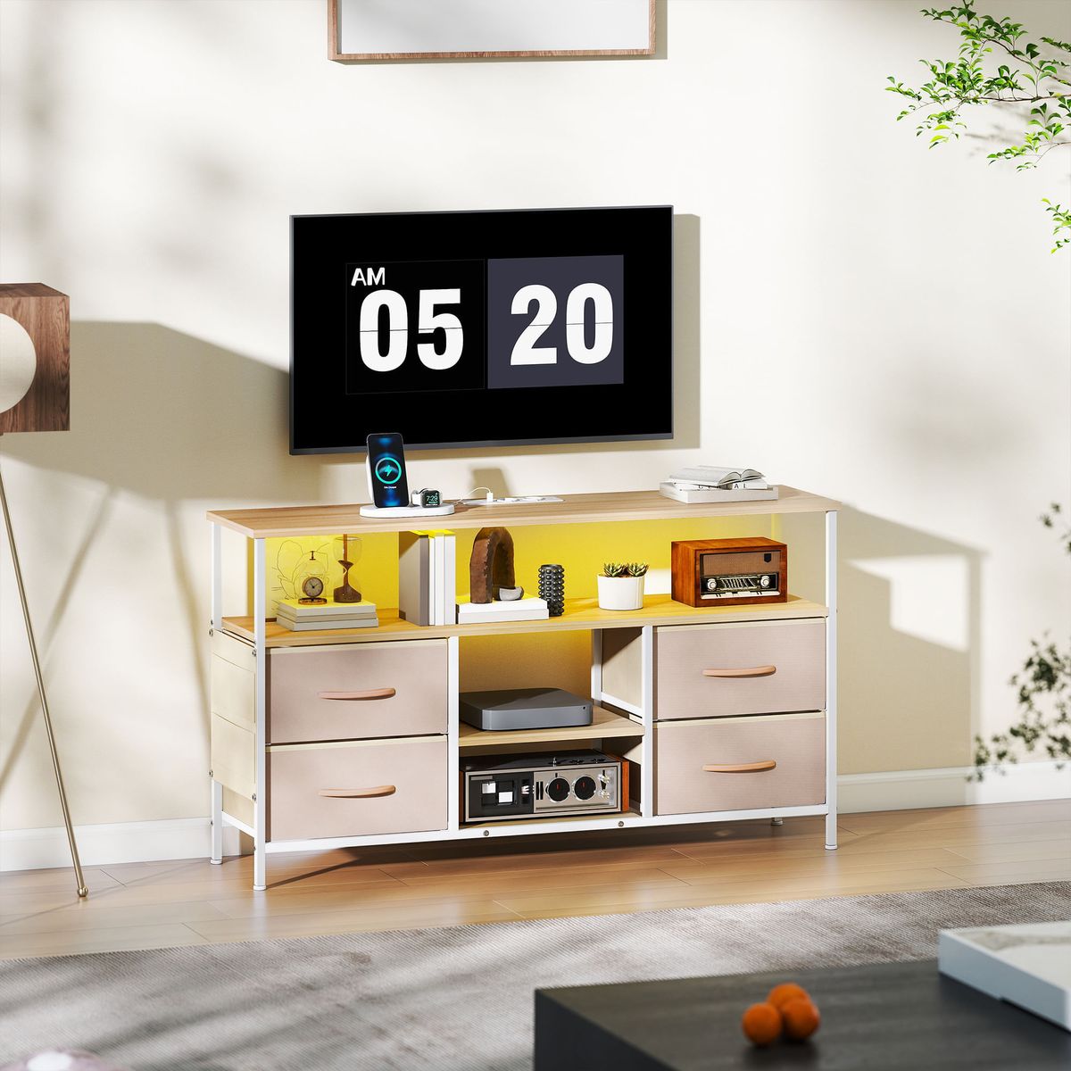 Mueble-de-TV-Olvian-Homcom-4-cajones-con-luz-LED-y-puertos-USB-beige-blanco-675x120x30-cm